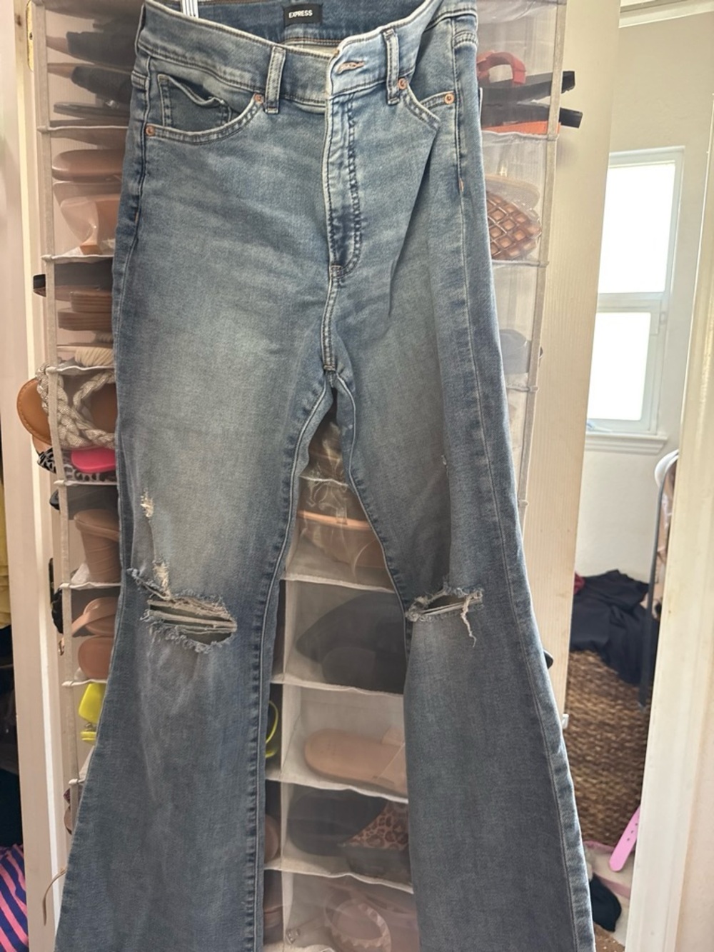 Express Light Blue Distressed Wide Leg Jeans